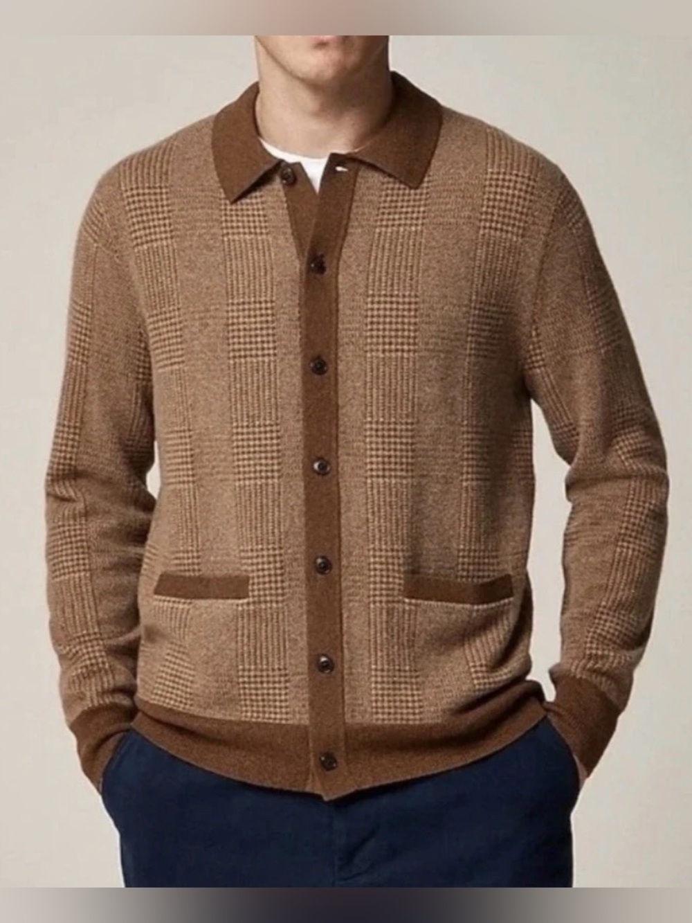 NWOT New Cashmere polo cardigan sweater in glen plaid - Picture 2 of 6